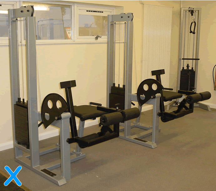 Versatile Leg Ext/ Curl machine (2 shown in curl position with silver frame and black upholstery).